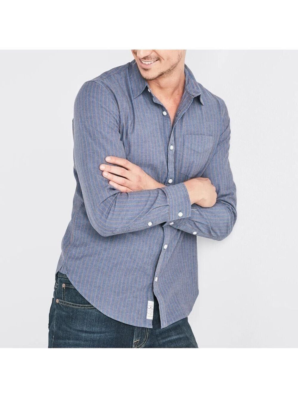 Lucky Brand Ballona Railroad Shirt Blue Striped Long Sleeve Button Up, size L